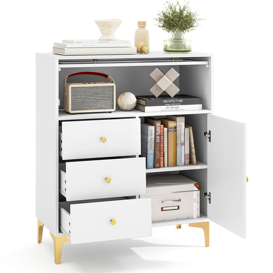Chest of Drawers with Flip Up Fluted Glass Door for Bedroom Kitchen-Gray