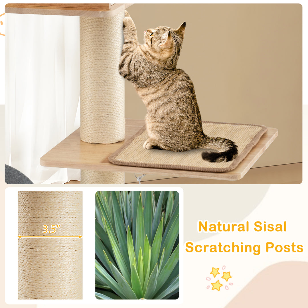 Modern Tall Cat Tower with Double Condos with Dangling Balls and Sisal Carpets-Natural