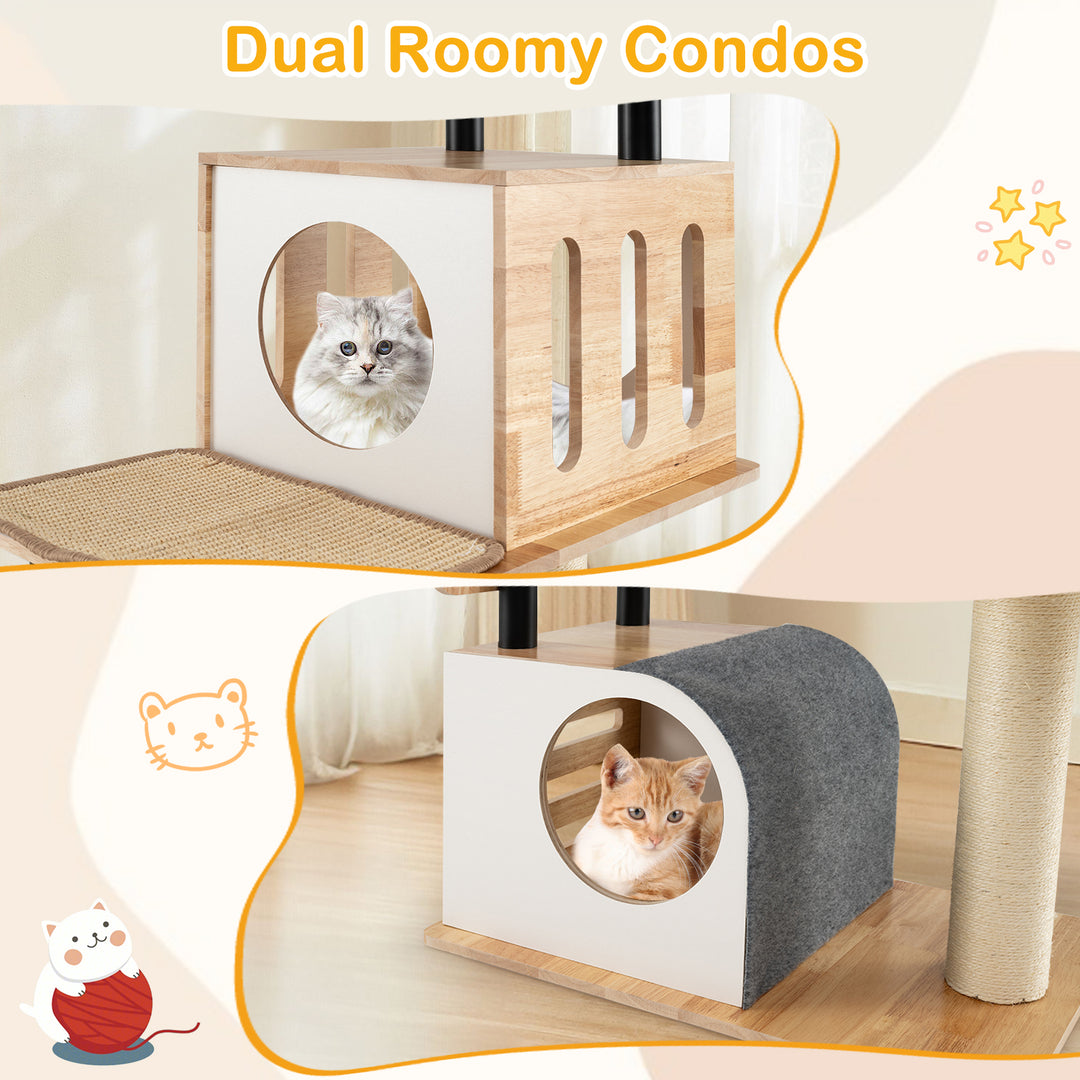 Modern Tall Cat Tower with Double Condos with Dangling Balls and Sisal Carpets-Natural