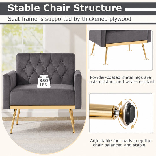 Modern Velvet Upholstered Accent Chair with Button-Tufted Back and Adjustable Feet
