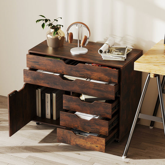 Modern Vertical 5-Drawer Mobile Chest with Door 5 Casters