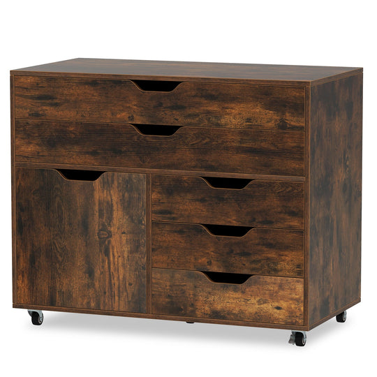 Modern Vertical 5-Drawer Mobile Chest with Door 5 Casters