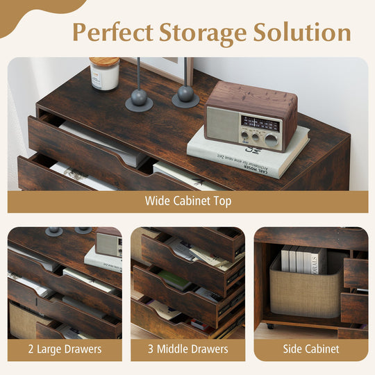 Modern Vertical 5-Drawer Mobile Chest with Door 5 Casters