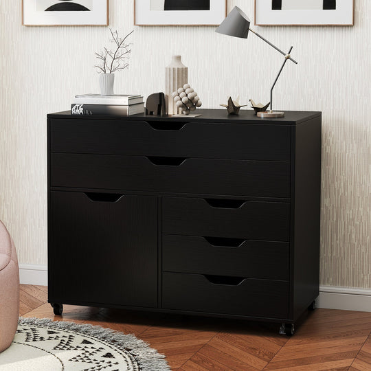 Modern Vertical 5-Drawer Mobile Chest with Door 5 Casters