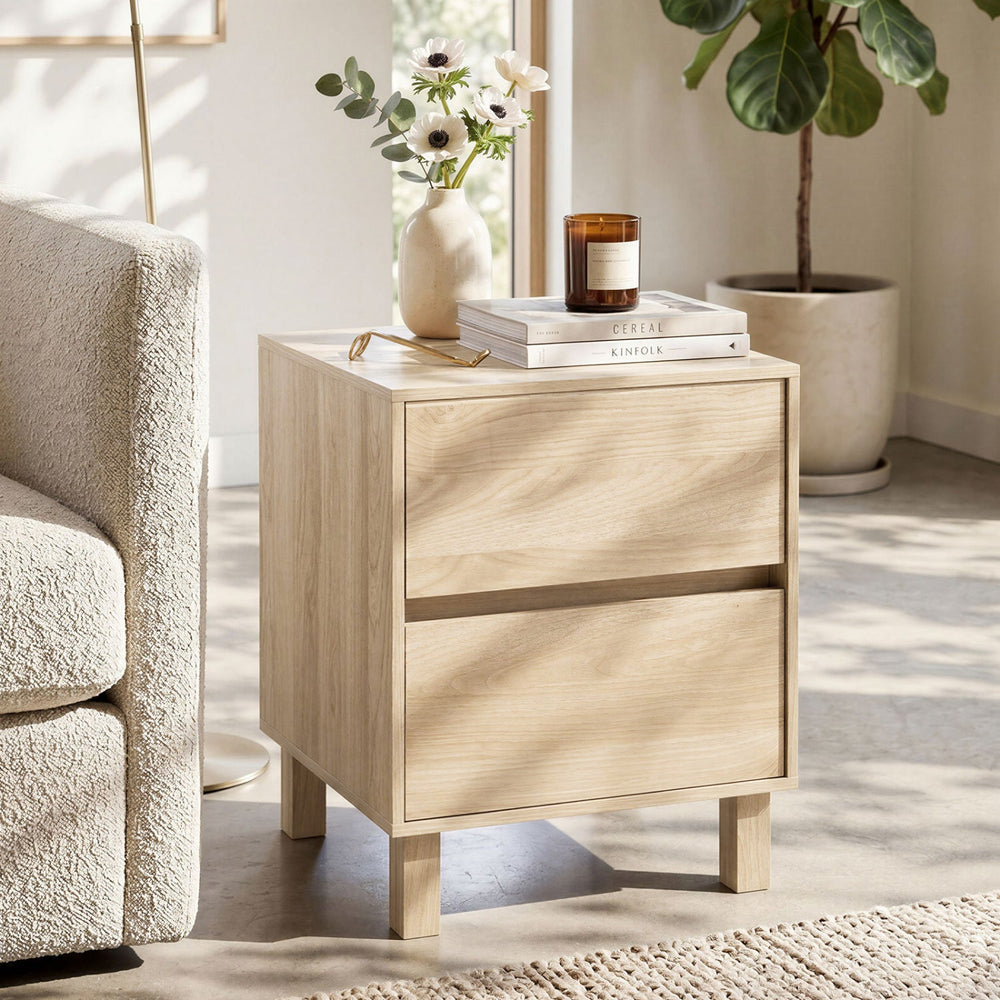 End Table with 2 Storage Drawers - Natural Wood Finish