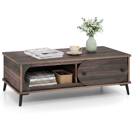 Coffee Table with Sliding Door and 2 Compartments - Walnut