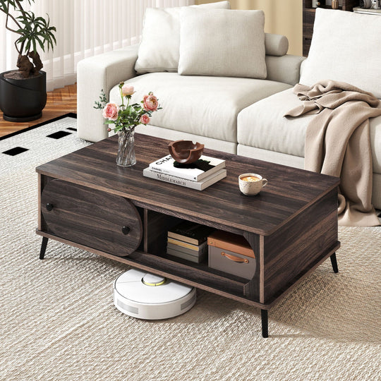 Coffee Table with Sliding Door and 2 Compartments - Walnut