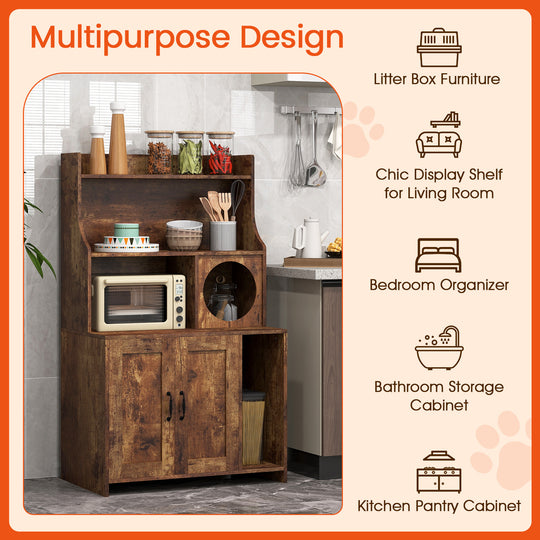 Modern Wooden Industrial Cat Litter Box Enclosure with Storage Shelves-Brown