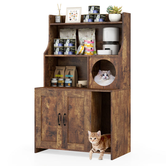 Modern Wooden Industrial Cat Litter Box Enclosure with Storage Shelves-Brown