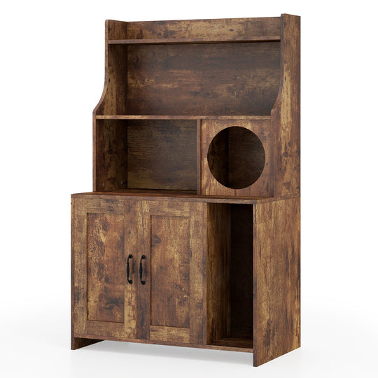Modern Wooden Industrial Cat Litter Box Enclosure with Storage Shelves-Brown