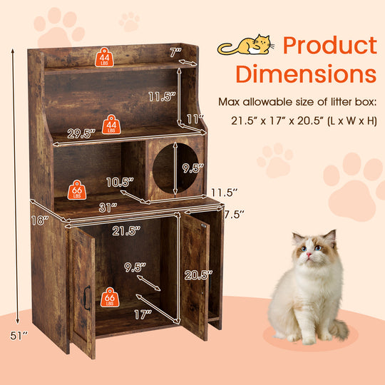Modern Wooden Industrial Cat Litter Box Enclosure with Storage Shelves-Brown