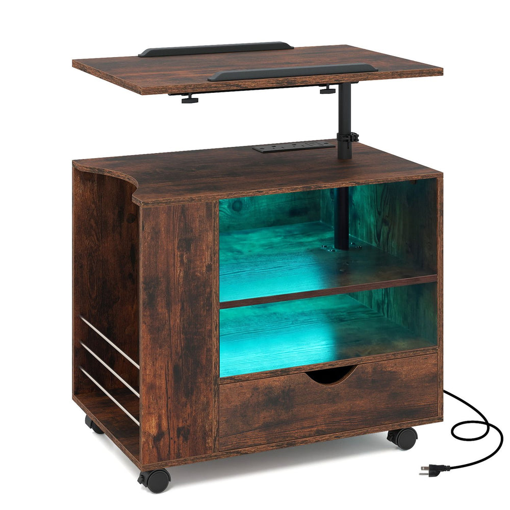 Modern Wooden Nightstand with Charging Station and LED Lights for Dorm and Bedroom-Brown