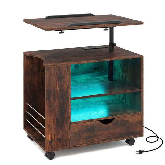 Modern Wooden Nightstand with Charging Station and LED Lights for Dorm and Bedroom-Brown