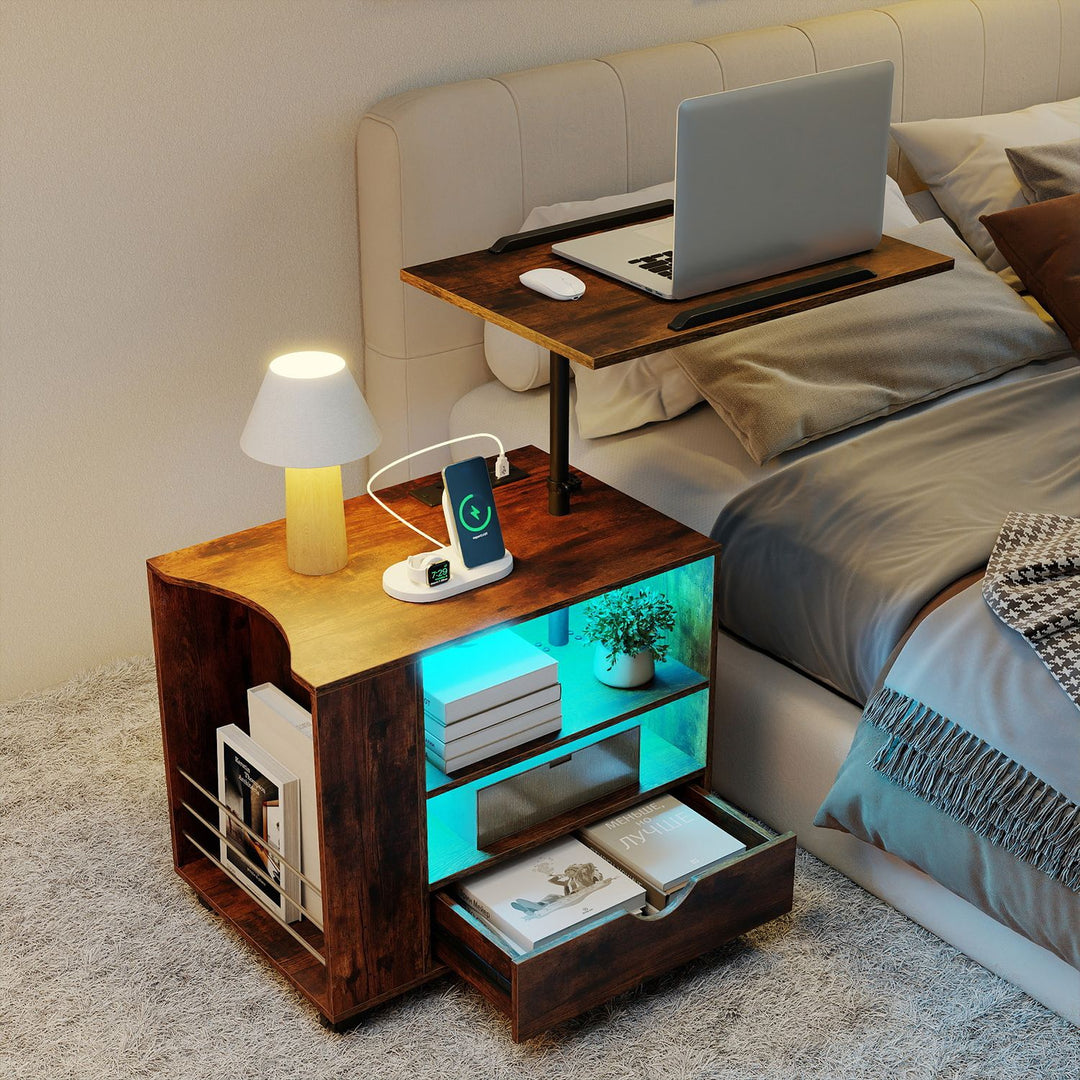 Modern Wooden Nightstand with Charging Station and LED Lights for Dorm and Bedroom-Brown