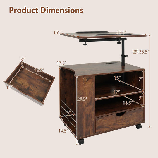 Modern Wooden Nightstand with Charging Station and LED Lights for Dorm and Bedroom-Brown