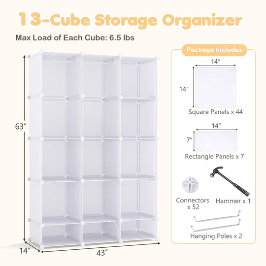 13-Cube Modular Kids Wardrobe with Hanging Rod and Shelves