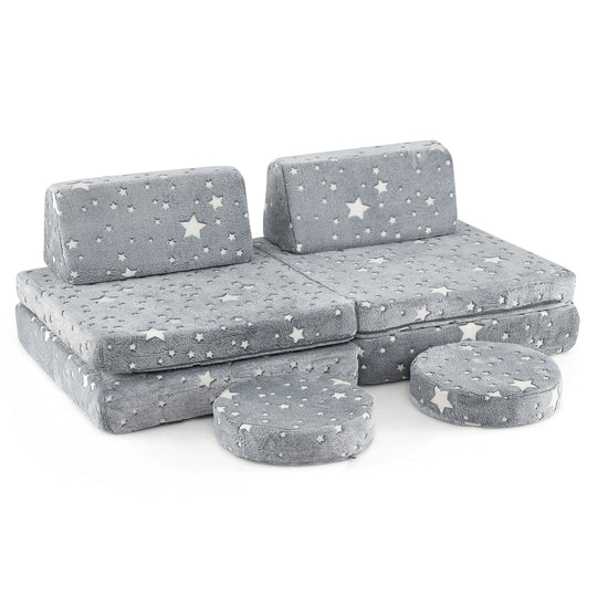 Modular Kids Play Couch Set Glow in the Dark with Portable Handles-Gray