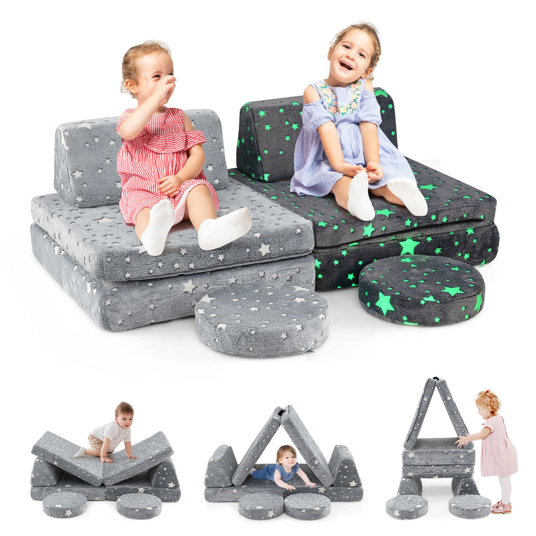 Modular Kids Play Couch Set Glow in the Dark with Portable Handles-Gray