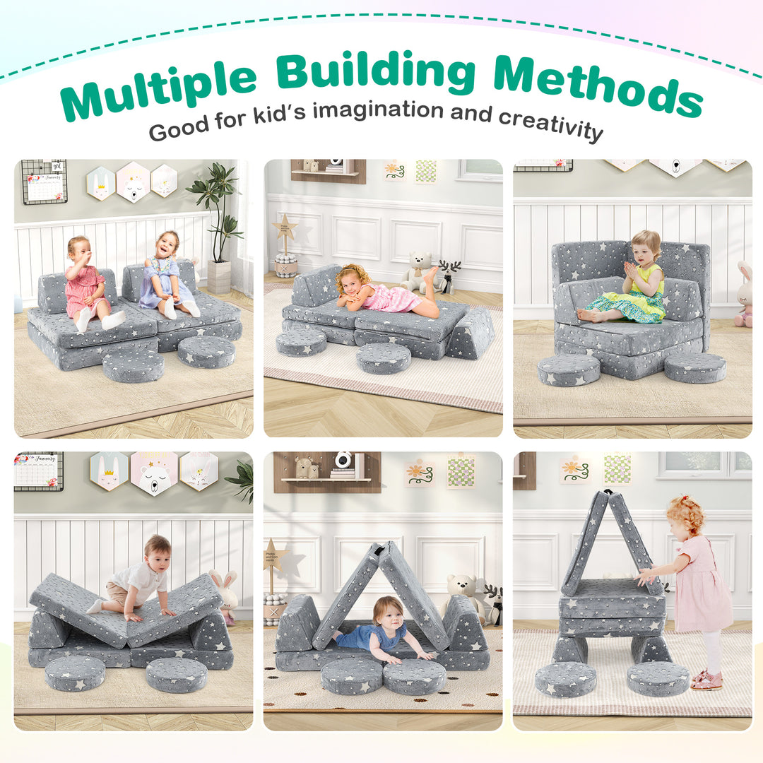 Modular Kids Play Couch Set Glow in the Dark with Portable Handles-Gray