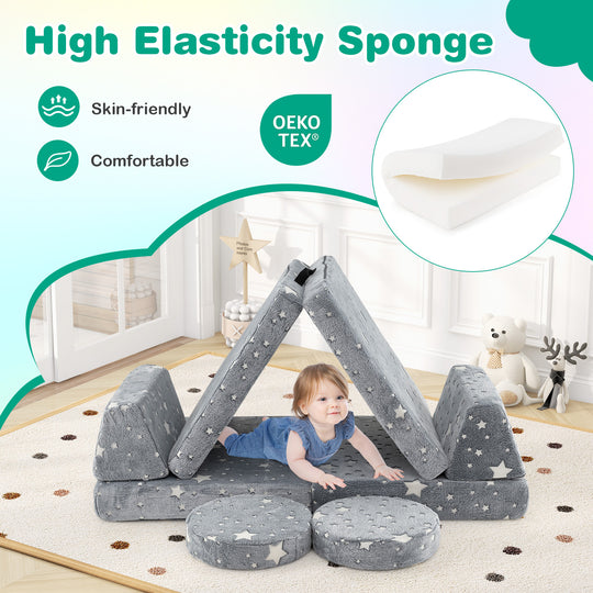 Modular Kids Play Couch Set Glow in the Dark with Portable Handles-Gray