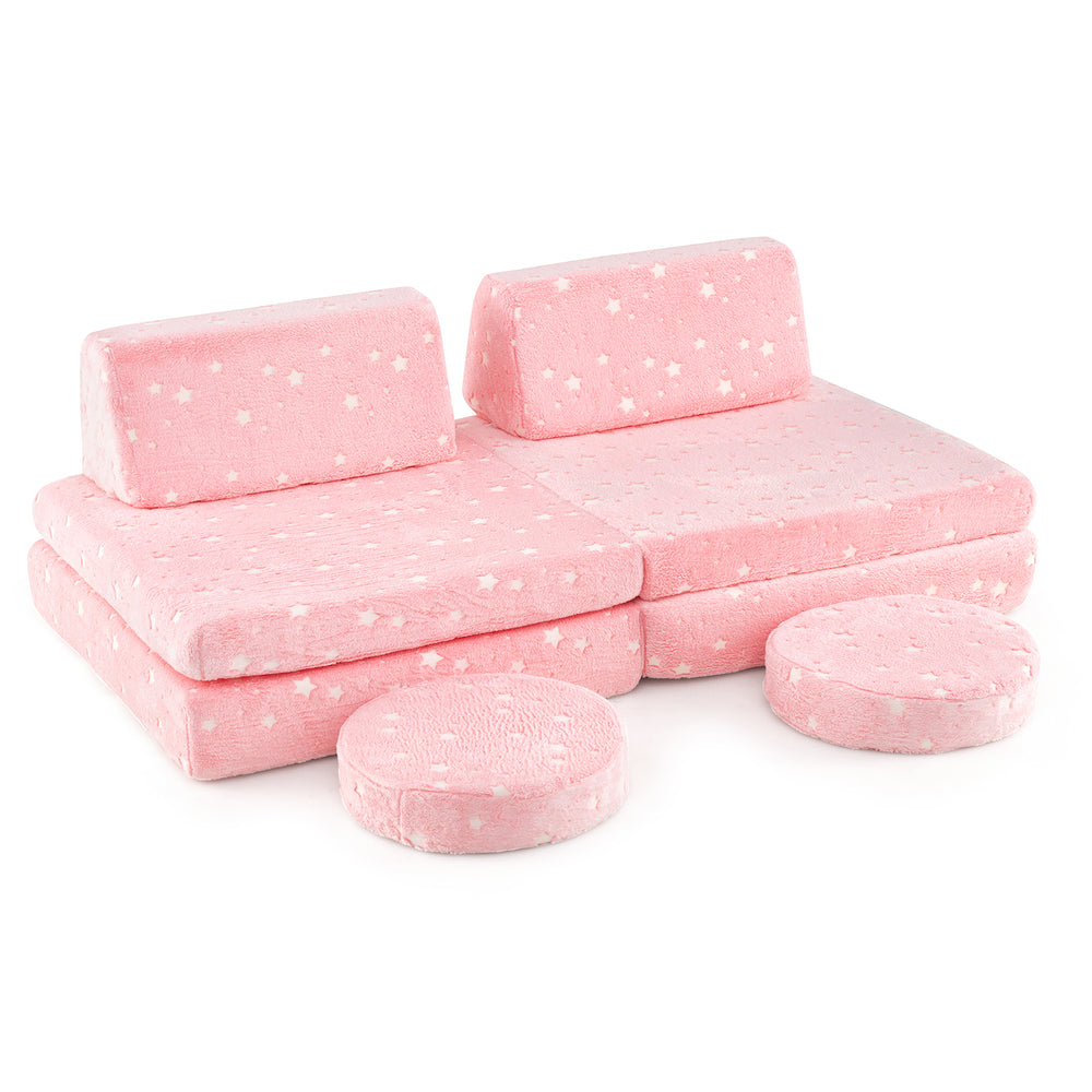 Modular Kids Play Couch Set Glow in the Dark with Portable Handles-Pink