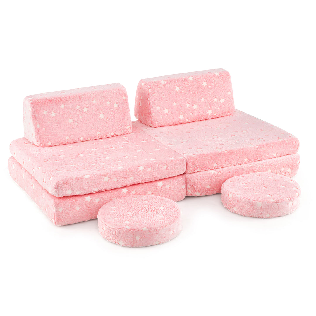 Modular Kids Play Couch Set Glow in the Dark with Portable Handles-Pink