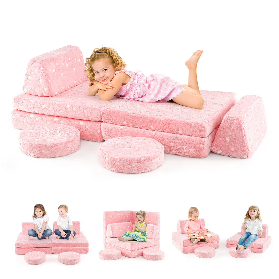 Modular Kids Play Couch Set Glow in the Dark with Portable Handles-Pink