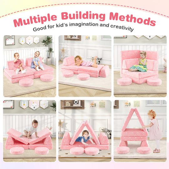 Modular Kids Play Couch Set Glow in the Dark with Portable Handles-Pink