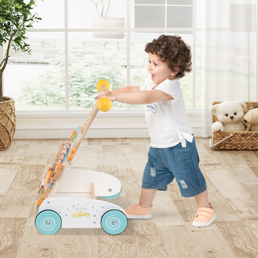 Wooden Baby Walker with Adjustable Heights and Smooth Wheels-White