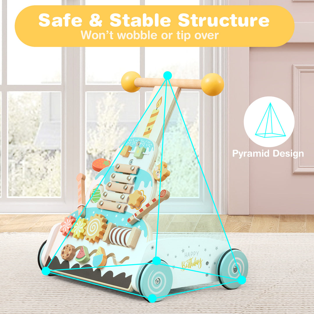 Wooden Baby Walker with Adjustable Heights and Smooth Wheels-White