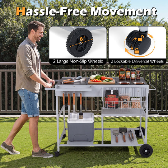 Movable Grill Table with 2 Spice Containers and Station for Backyard and BBQ