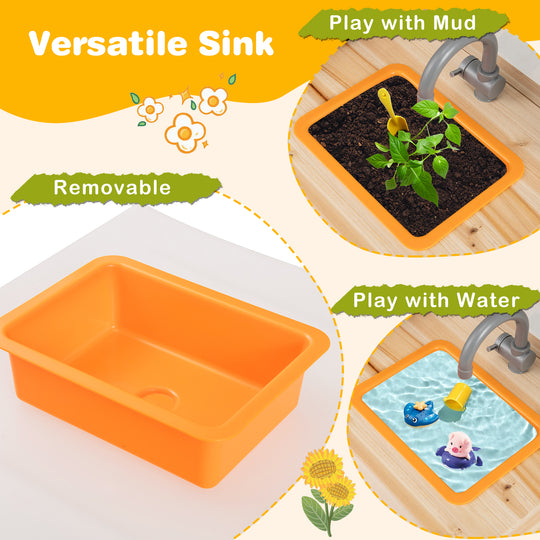 Kids Mud Kitchen Fir Wood Playset with Planting Pots and Blackboards-Natural