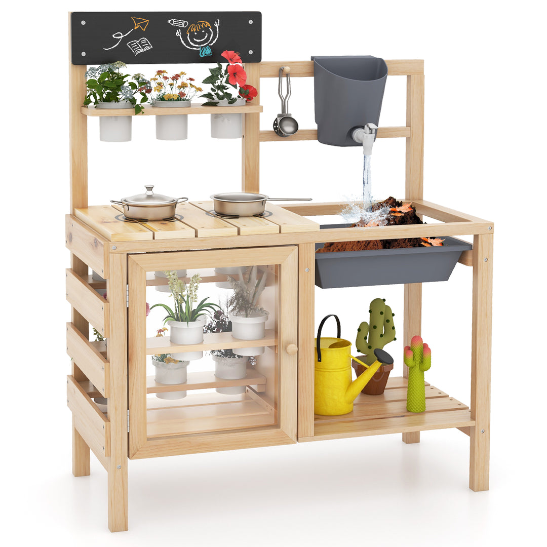 Mud Kitchen Playset with Sink and Plants Observation Room-Natural