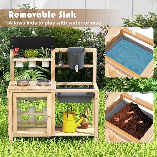 Mud Kitchen Playset with Sink and Plants Observation Room-Natural