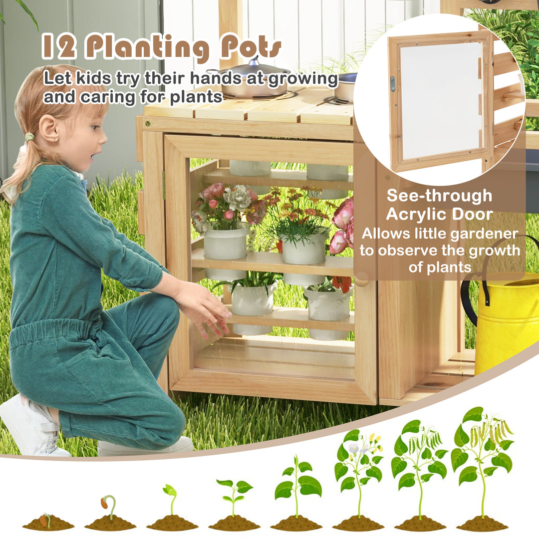 Mud Kitchen Playset with Sink and Plants Observation Room-Natural