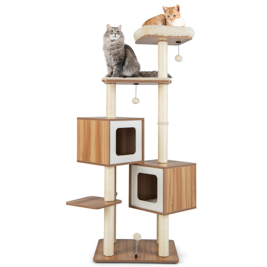 Modern Wooden Cat Tree with Perch Condos and Washable Cushions-Natural