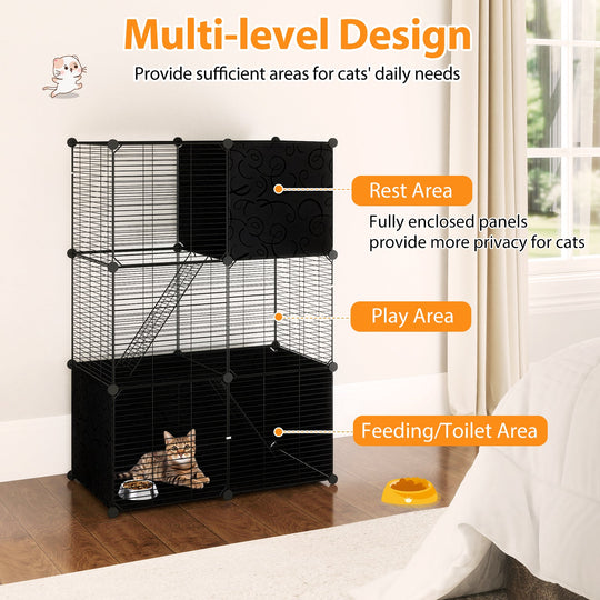 Multi-Level Cat Tower with 2-Door Condo and Hammock-Black