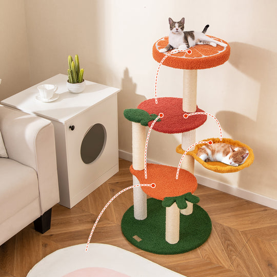 Multi-level Cat Tree Pet Activity Center with Fruit-shaped Platforms-Red and Orange