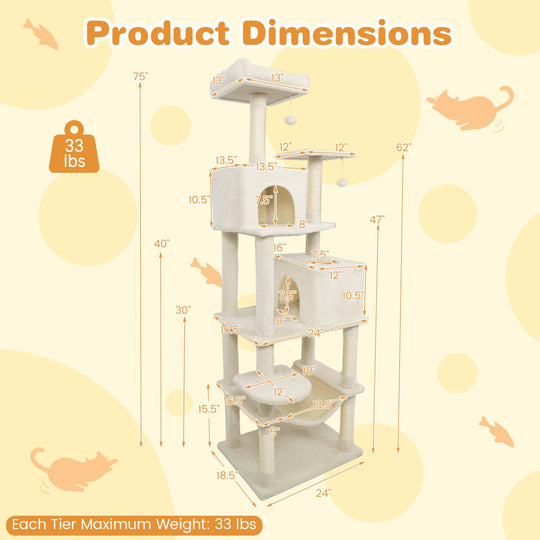 Multi-level Cat Tree Modern Cat Tower with Upholstered Perch and 2 Cat Condo