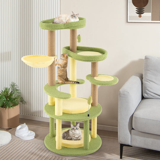 Multi-level Cat Tree Avocado Theme Cat Tower with Wide Perch Rotatable Basket-Green
