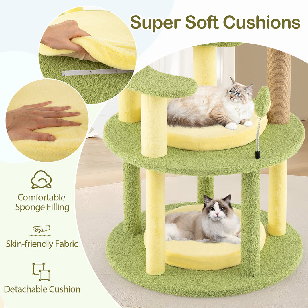 Multi-level Cat Tree Avocado Theme Cat Tower with Wide Perch Rotatable Basket-Green