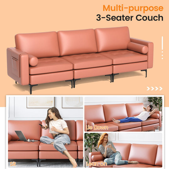 3-Seat Modular Sofa with Storage Pocket and Metal Legs
