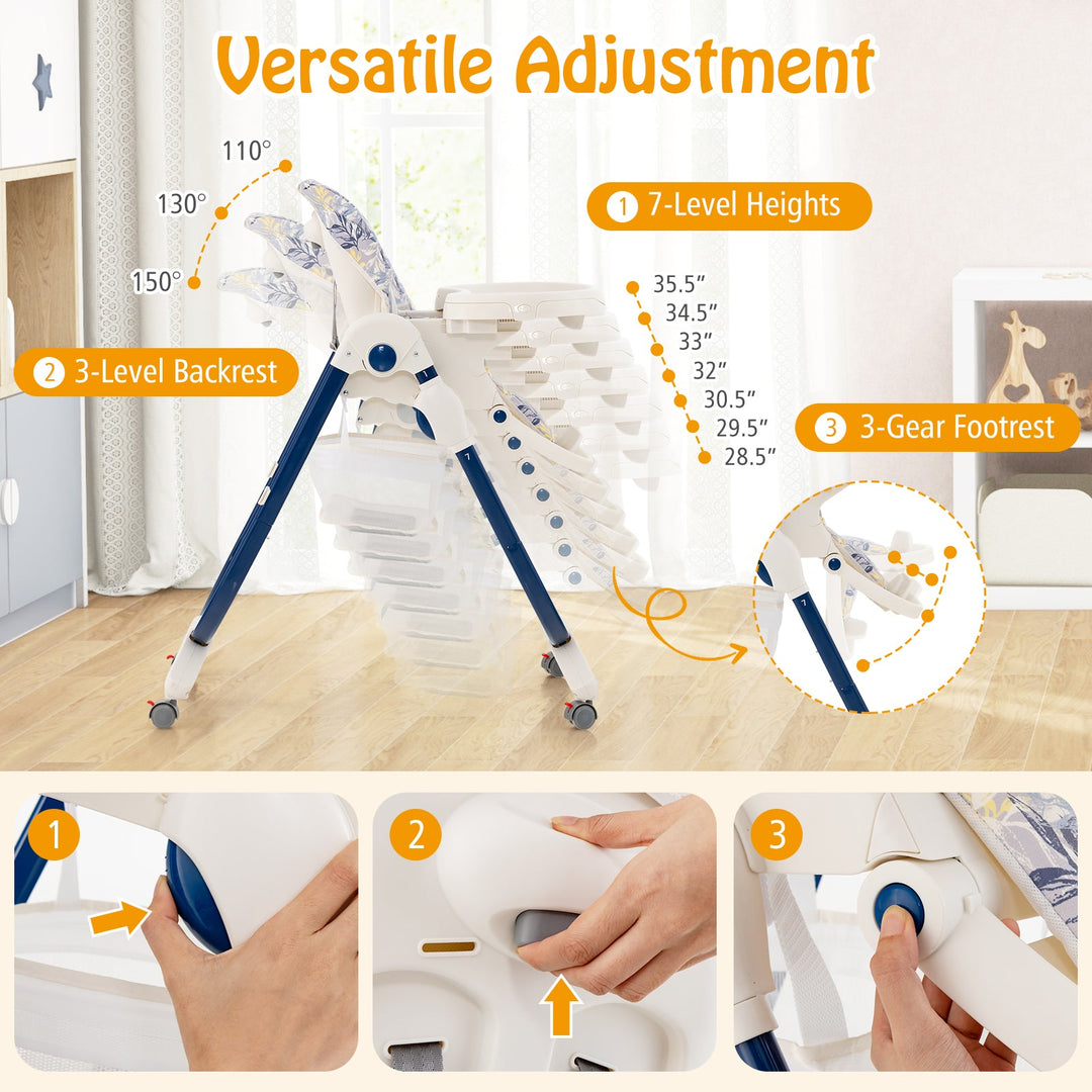 Multifunctional Folding Baby High Chair with Rolling Wheels and Adjustable Height