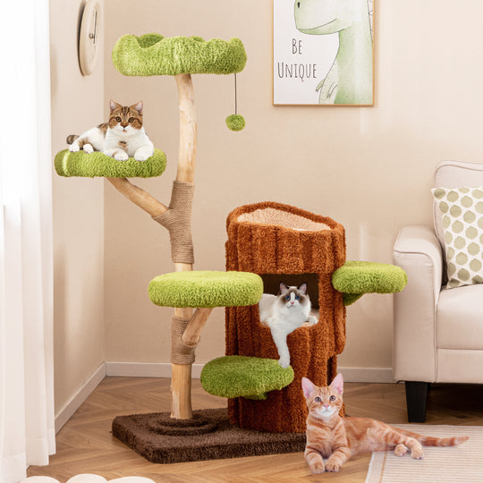 Multi-level Cat Tree with Double Decker Cat House and Sisal Panel-Brown