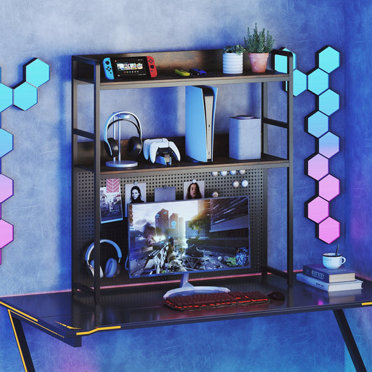Multipurpose 2-Tier Desktop Bookshelf with Pegboard for up to 32 Inch Computer Monitor-Rustic Brown