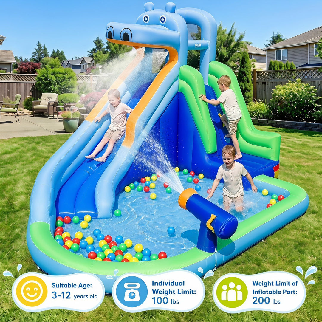 Hippo Inflatable Water Slide with Climbing Wall & 680W Blower