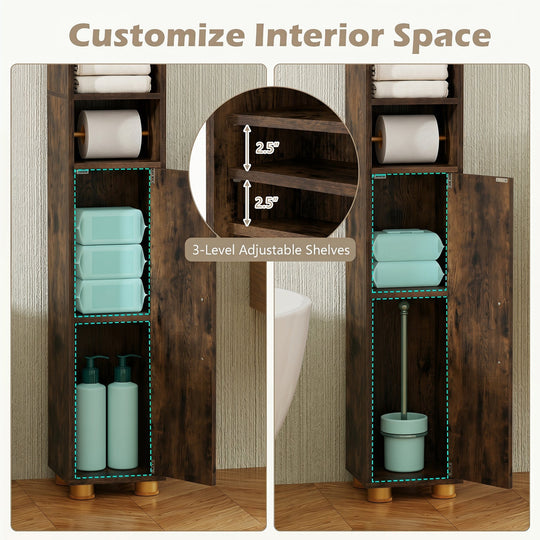 Narrow Bathroom Storage Cabinet with Shelves & Paper Holder