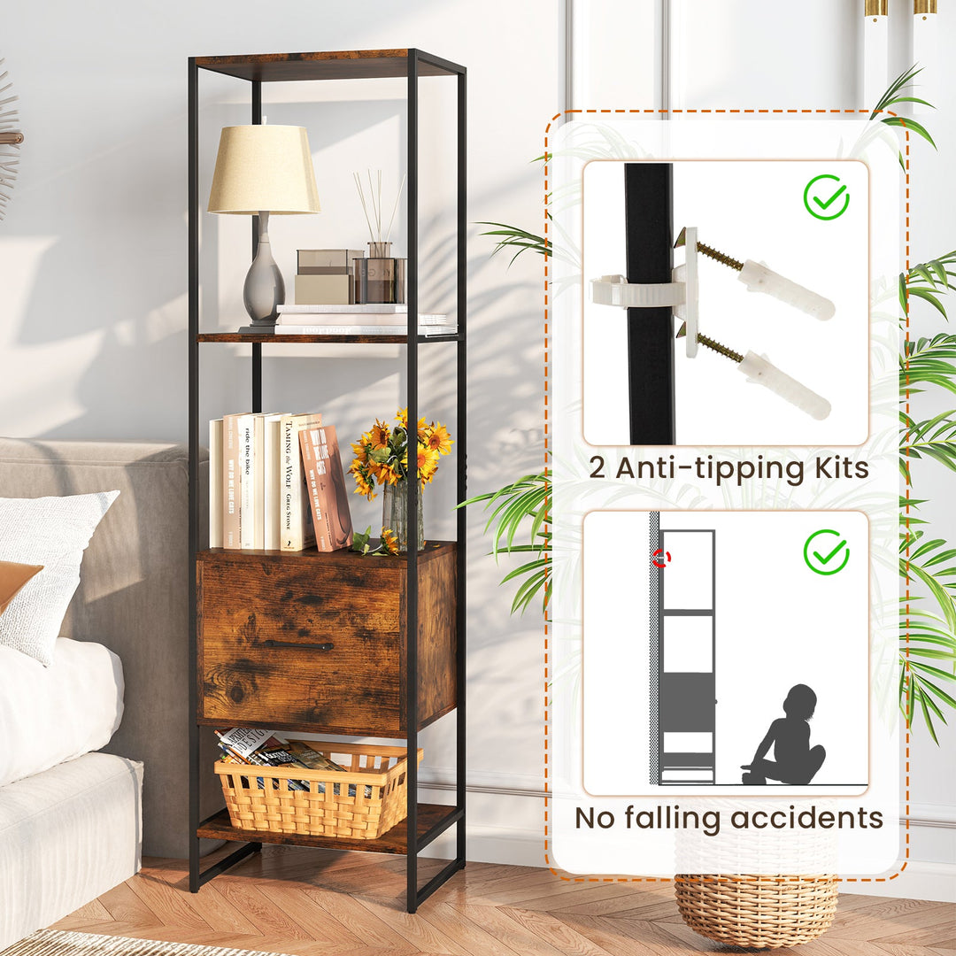 5-Tier Narrow Bookcase with 4 Open Shelves and Storage Drawer