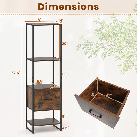 5-Tier Narrow Bookcase with 4 Open Shelves and Storage Drawer