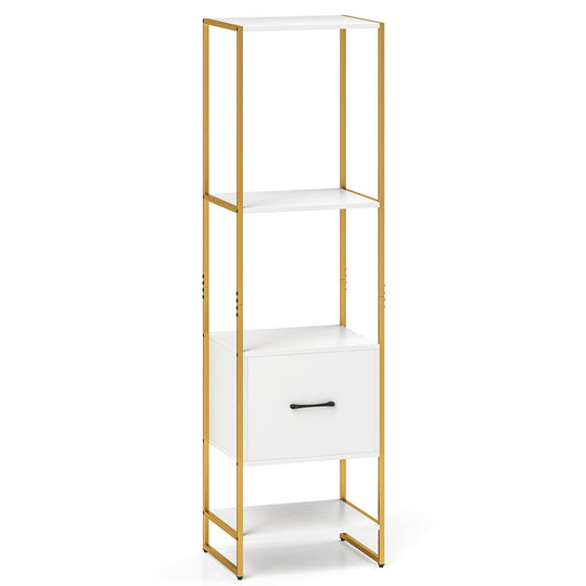5-Tier Narrow Bookcase with 4 Open Shelves and Storage Drawer